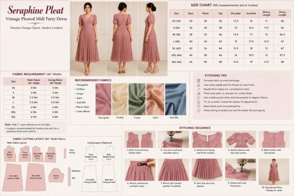 Seraphine Pleat fabric cutting layout for 44 inch width fabric