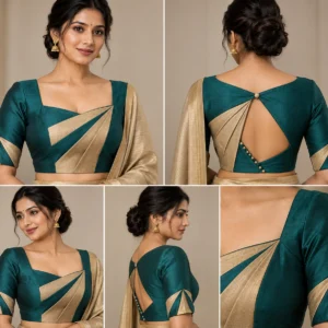 Silk Origami Deepavali fusion saree blouse in teal green and gold beige
