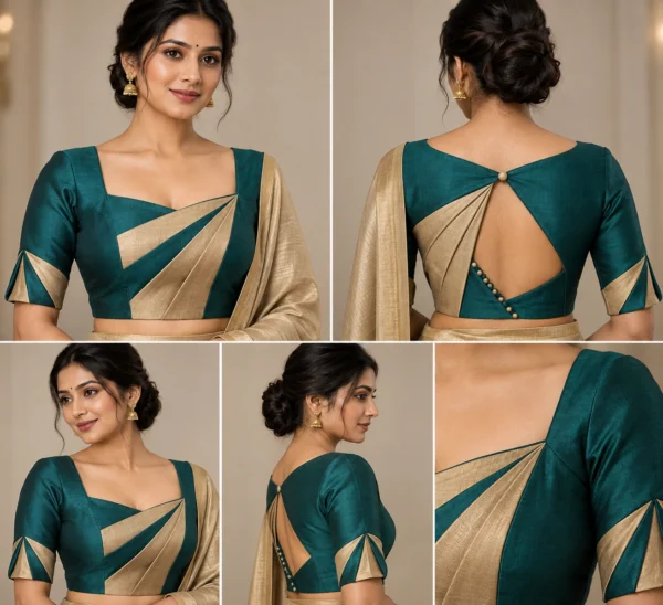 Silk Origami Deepavali fusion saree blouse in teal green and gold beige