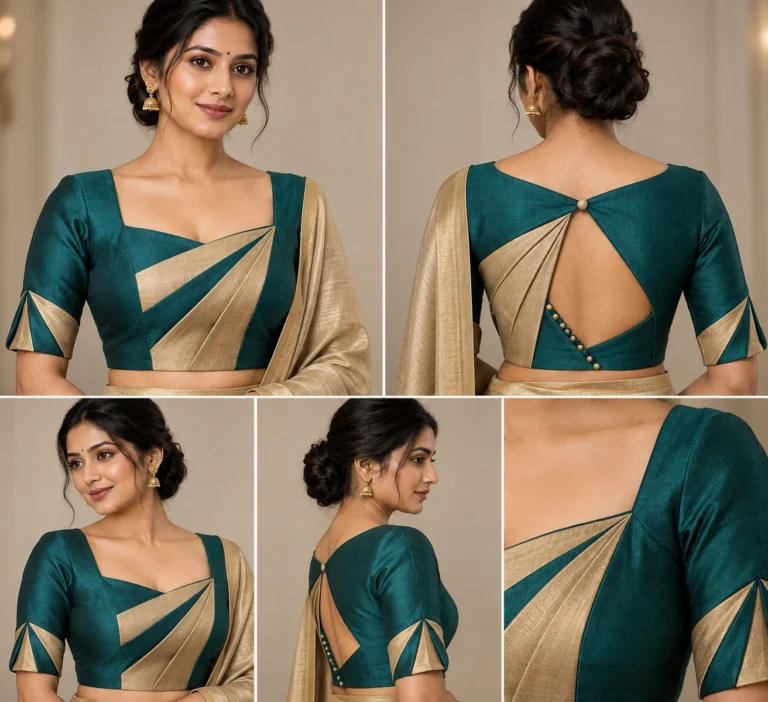 Silk Origami Deepavali fusion saree blouse in teal green and gold beige