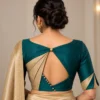 Silk Origami Deepavali fusion saree blouse in teal green and gold beige