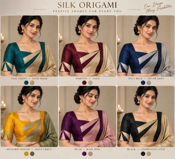 Silk Origami Deepavali fusion saree blouse in teal green and gold beige