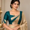 Silk Origami Deepavali fusion saree blouse in teal green and gold beige