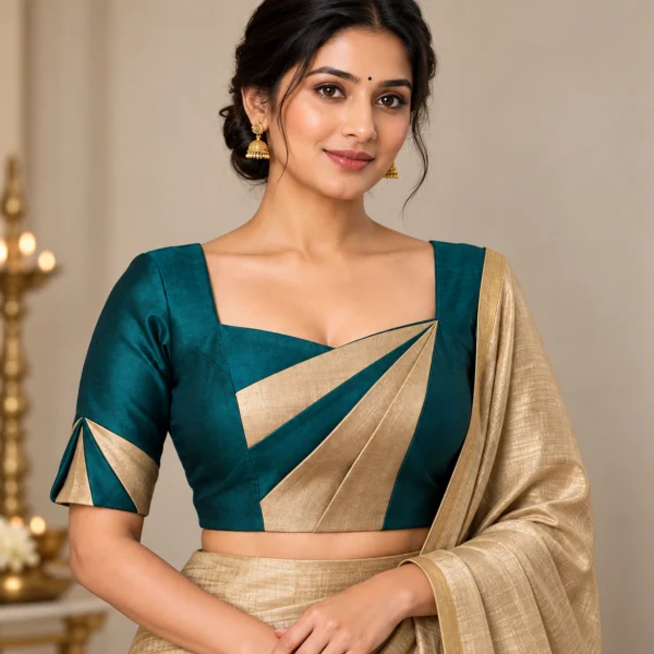 Silk Origami Deepavali fusion saree blouse in teal green and gold beige