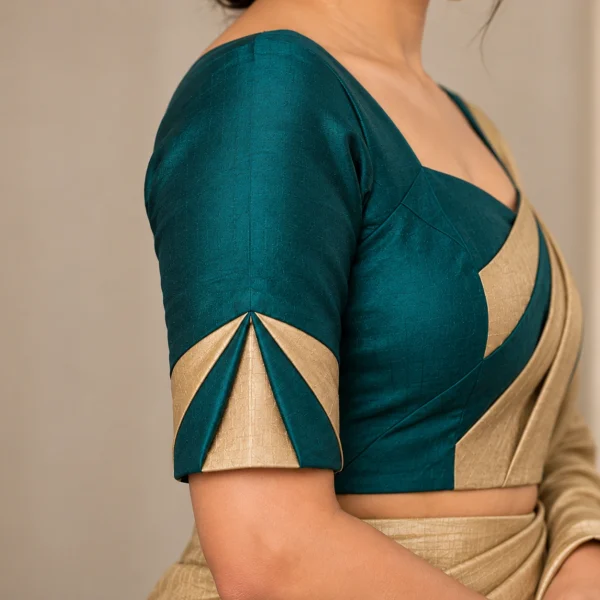 Silk Origami Deepavali fusion saree blouse in teal green and gold beige