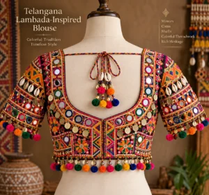 Telangana Lambada-inspired blouse with colorful Aari embroidery and mirror work