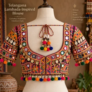 Telangana Lambada-inspired blouse with colorful Aari embroidery and mirror work