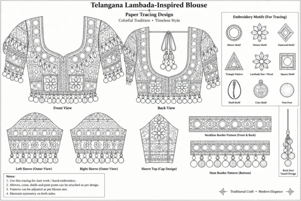 Telangana Lambada-inspired blouse with colorful Aari embroidery and mirror work