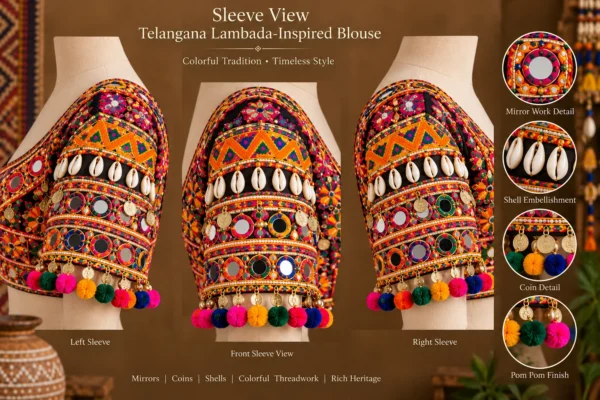 Telangana Lambada-inspired blouse with colorful Aari embroidery and mirror work