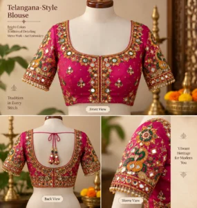 Telangana-style blouse with mirror work and Aari embroidery