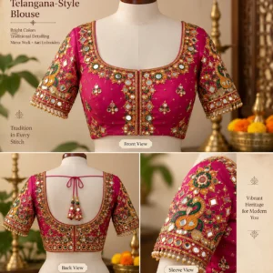 Telangana-style blouse with mirror work and Aari embroidery