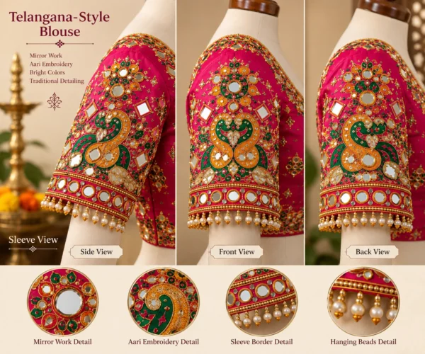 Telangana-style blouse with mirror work and Aari embroidery
