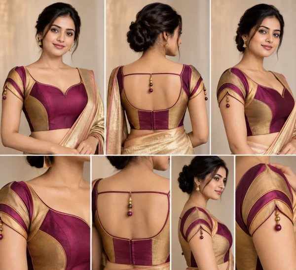 Vanki Arc Deepavali fusion saree blouse in wine and gold
