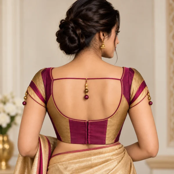 Vanki Arc Deepavali fusion saree blouse in wine and gold