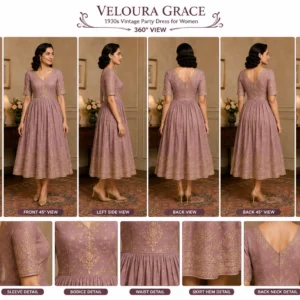 Veloura Grace 1930s vintage party dress for women with embroidered midi skirt
