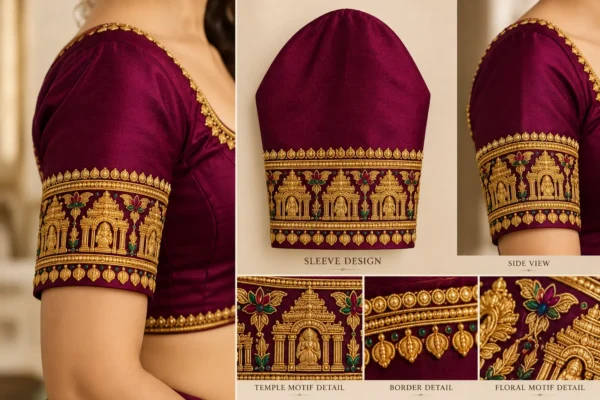 Gandaberunda bridal blouse design with gold Aari embroidery