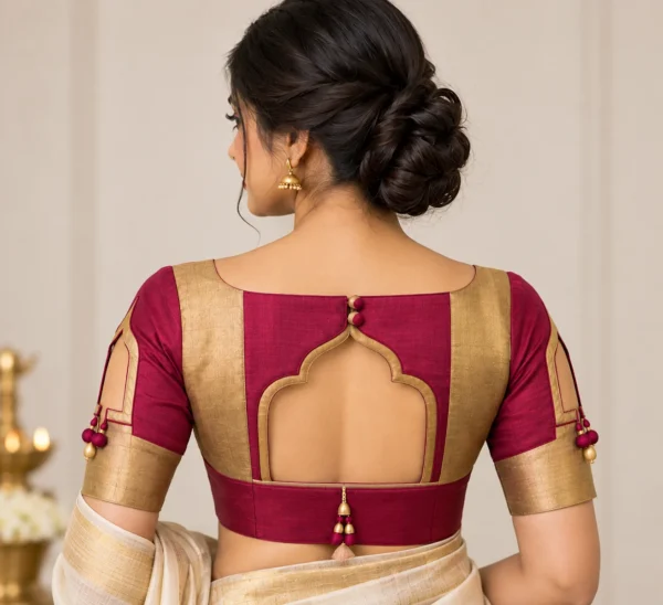 Temple Window Deepavali fusion saree blouse with geometric cut-out and colour blocking