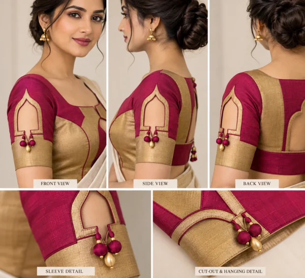 Temple Window Deepavali fusion saree blouse with geometric cut-out and colour blocking