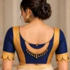 Moon Jhumka navy blue and mustard gold designer fusion saree blouse view