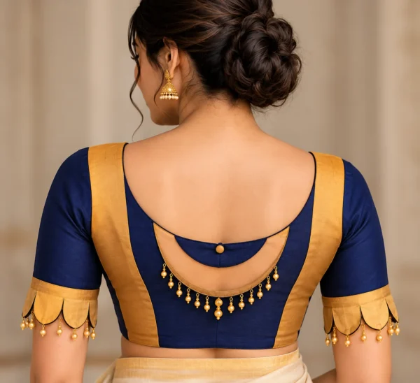 Moon Jhumka navy blue and mustard gold designer fusion saree blouse view