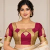 Temple Window Deepavali fusion saree blouse with geometric cut-out and colour blocking