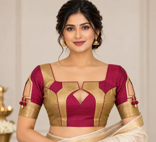Temple Window Deepavali fusion saree blouse with geometric cut-out and colour blocking
