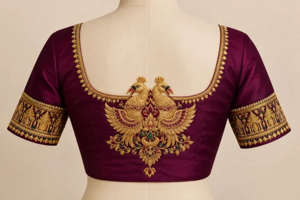 Gandaberunda bridal blouse design with gold Aari embroidery