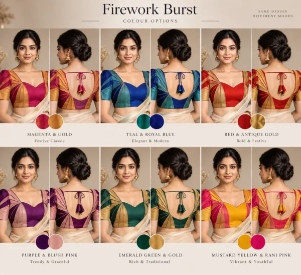 Firework Burst Deepavali fusion saree blouse with radiating pleats and two-colour design