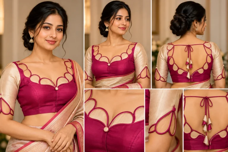 Garland Loop magenta and champagne fusion saree blouse view