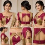 Temple Window Deepavali fusion saree blouse with geometric cut-out and colour blocking