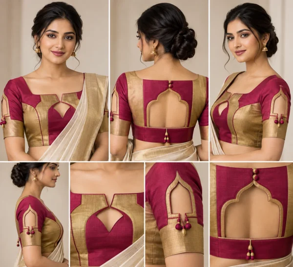 Temple Window Deepavali fusion saree blouse with geometric cut-out and colour blocking