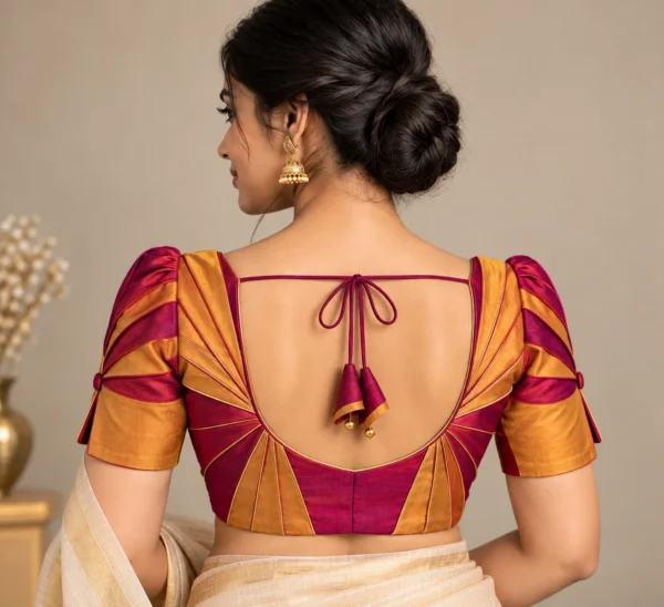 Firework Burst Deepavali fusion saree blouse with radiating pleats and two-colour design