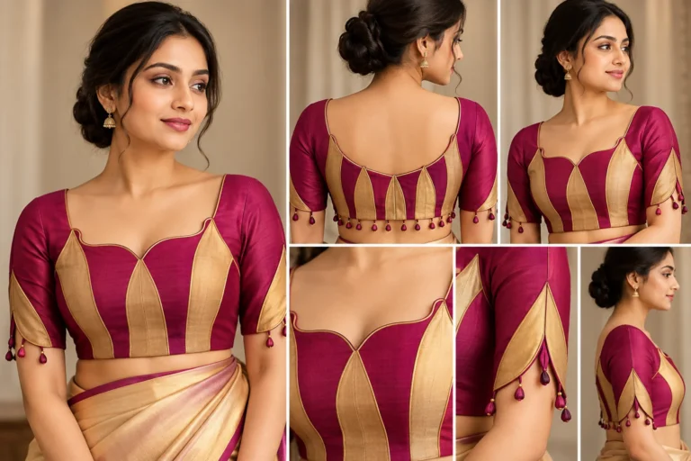 Kuthu Vilakku Deepavali fusion blouse with traditional lamp-inspired panel construction