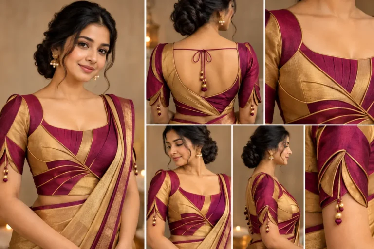 Nataraja Line Deepavali fusion saree blouse with sweeping seam lines and two-colour design