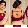 Deepavali Halo maroon and gold fusion saree blouse with circular neckline