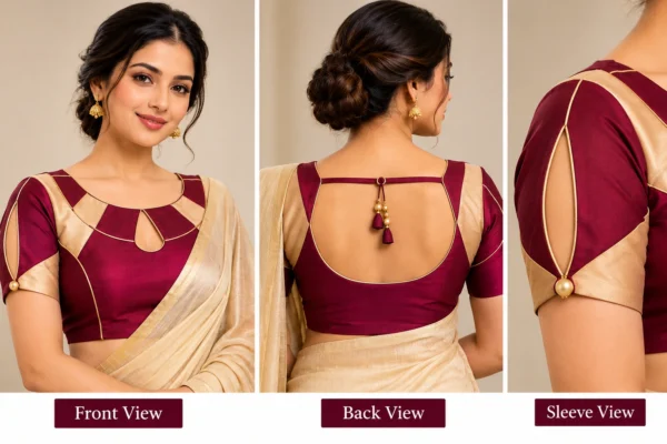 Deepavali Halo maroon and gold fusion saree blouse with circular neckline