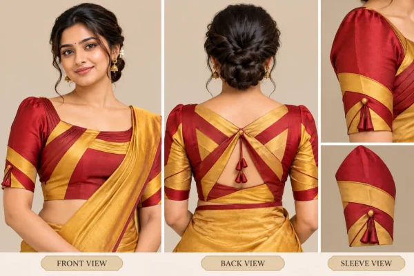 Close-up of Saree Ribbon blouse neckline and layered fabric construction