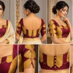 Temple Chain Deepavali fusion saree blouse in maroon and gold with geometric neckline.
