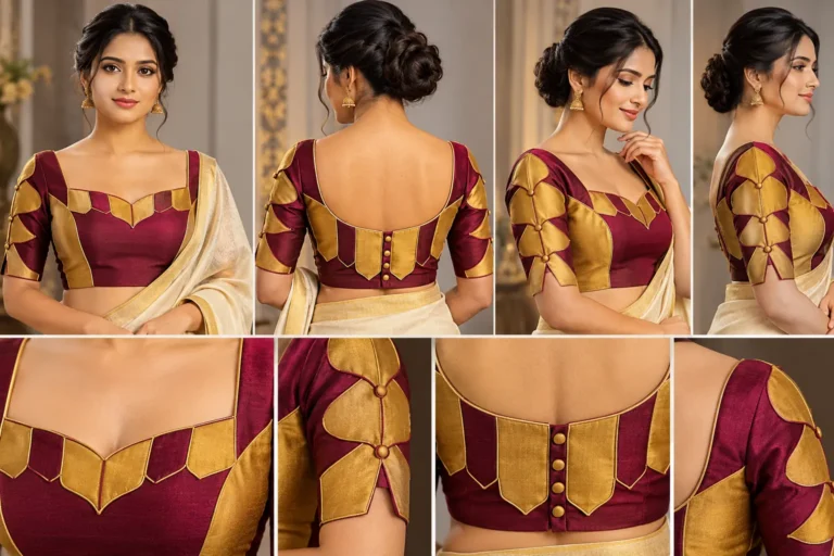 Temple Chain Deepavali fusion saree blouse in maroon and gold with geometric neckline.
