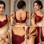 Golden Fan Deepavali special fusion saree blouse with sculptural fan pleated sleeves and gold contrast piping.