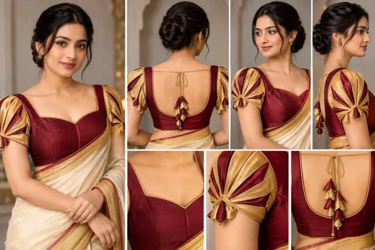 Golden Fan Deepavali special fusion saree blouse with sculptural fan pleated sleeves and gold contrast piping.