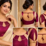 Deepavali Halo maroon and gold fusion saree blouse with circular neckline
