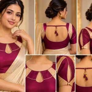 Deepavali Halo maroon and gold fusion saree blouse with circular neckline