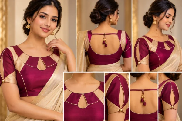 Deepavali Halo maroon and gold fusion saree blouse with circular neckline