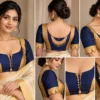 Moon Jhumka navy blue and mustard gold designer fusion saree blouse view