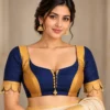 Moon Jhumka navy blue and mustard gold designer fusion saree blouse view