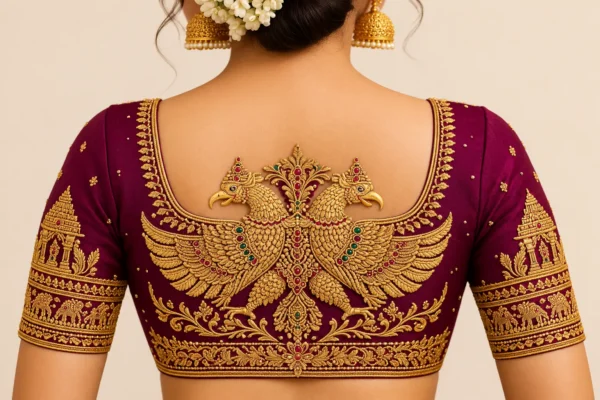 Gandaberunda bridal blouse back design with gold Aari embroidery