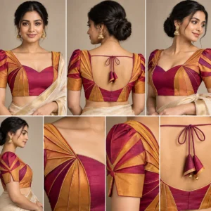 Firework Burst Deepavali fusion saree blouse with radiating pleats and two-colour design