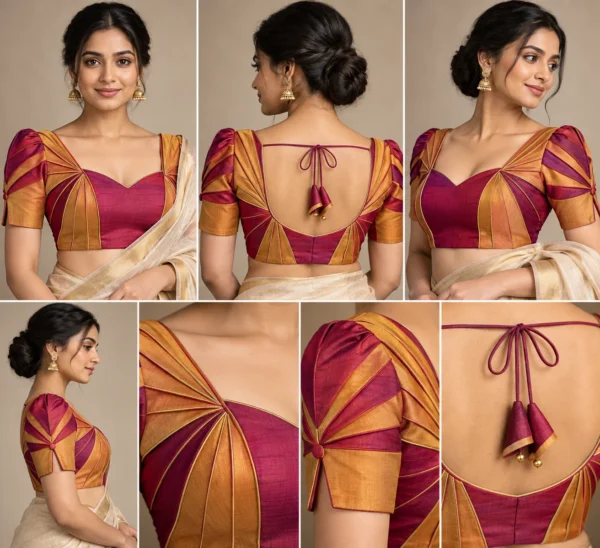 Firework Burst Deepavali fusion saree blouse with radiating pleats and two-colour design