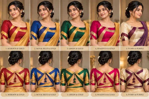 Close-up of Saree Ribbon blouse neckline and layered fabric construction